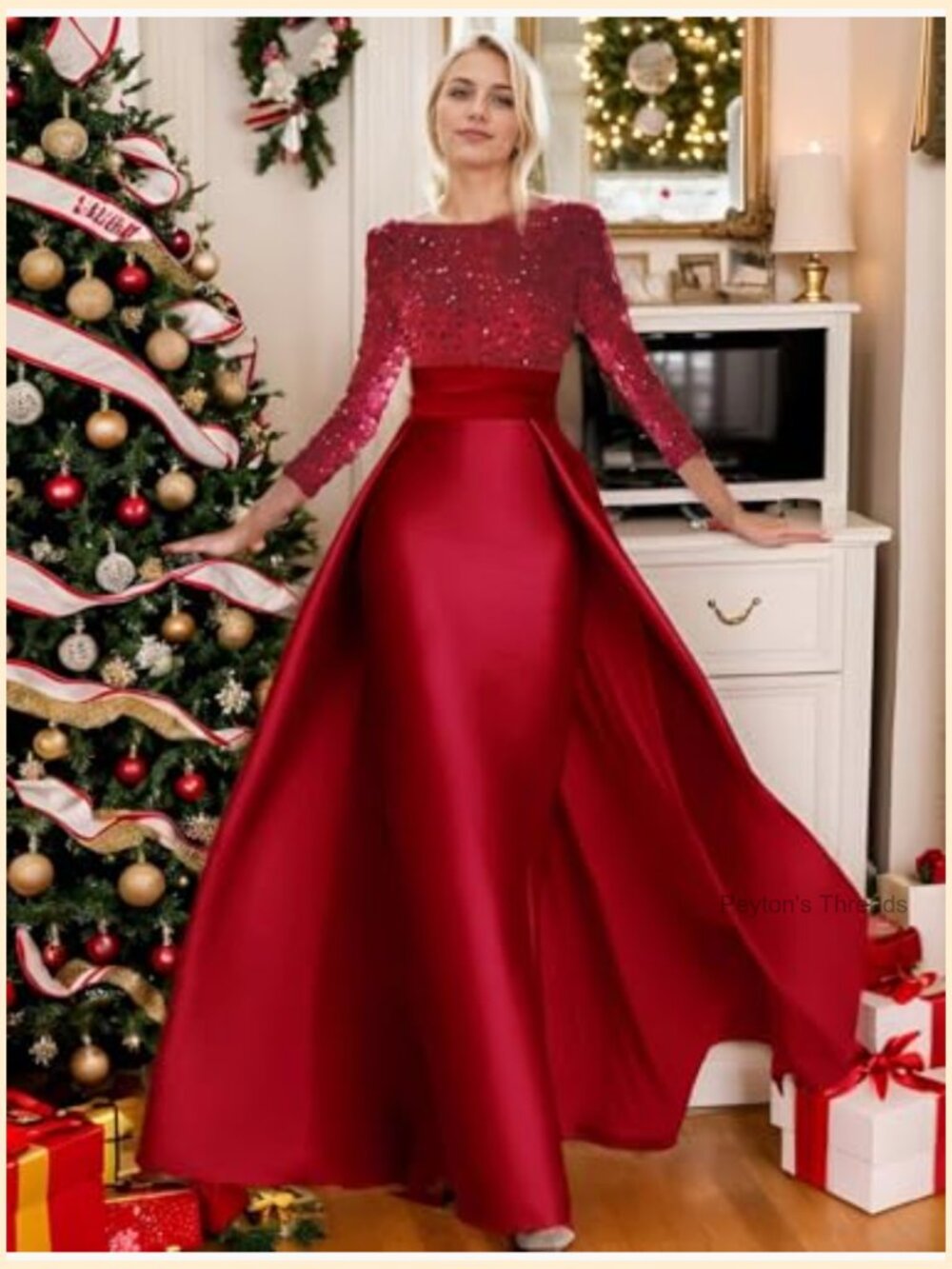 Long Sleeve Sequined A-line Evening Gown with Overskirt Prom Dress - Picture 5 of 7